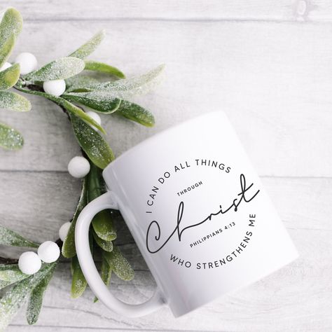 Enjoy your morning coffee or hot tea in your new favorite mug with your beloved Bible verse. Perfect gift for your Christian friend that they can use during Bible Study or on Sunday morning before church. Mug is perfect for a cup of hot cocoa, coffee or tea.  Classic shape white, durable ceramic mug comes in the most popular size. High quality sublimation printing makes it an appreciated gift to every true hot beverage lover. .: White ceramic .: 11oz (0.33 l) .: Rounded corners .: C-Handle .: De Bible Verse Coffee Mug, Christian Coffee Mug, Christian Mug Designs, Christian Tumbler Ideas, Friends Bible Verse, Christian Mugs, Jesus Coffee, Scripture Gift, Christian Shirts Designs