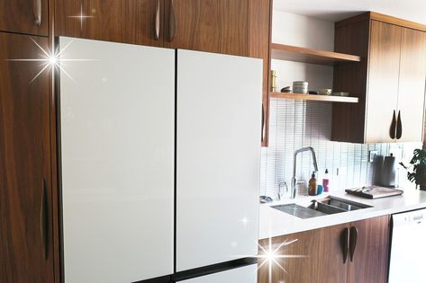 Bespoke Fridge, Samsung Kitchen, Counter Depth Fridge, My Dream Kitchen, White Refrigerator, Glass Fridge, White Fridges, Washington Houses, Samsung Fridge