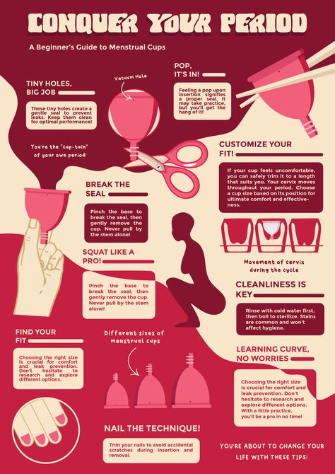 Here's a few small but mind-blowing tips for new menstrual cup users!   This infographic poster is originally ideated and illustrated by me. Menstral Cup, Illustrated Infographic, Menstrual Cycle Phases, Period Cramp Relief, Menstrual Cups, Period Hacks, Cramps Relief, Infographic Poster, Infographic Illustration