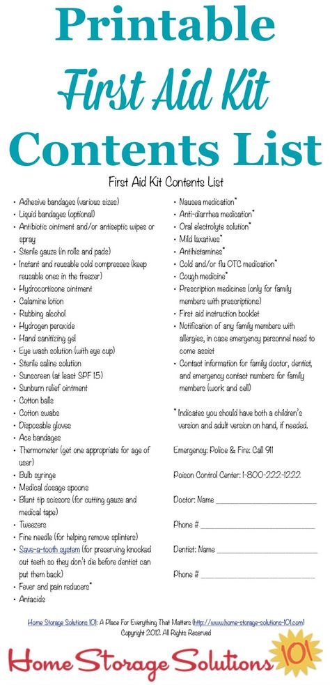 Free #printable first aid kit contents list with what you need in your home for minor emergencies and injuries {on Home Storage Solutions 101} #FirstAidKit #HomeStorageSolutions101 Eye Wash Solution, First Aid Kit Checklist, First Aid Kit Contents, Diy First Aid Kit, First Aid Tips, Emergency First Aid, Emergency Preparedness Kit, Survival Quotes, Home Storage Solutions