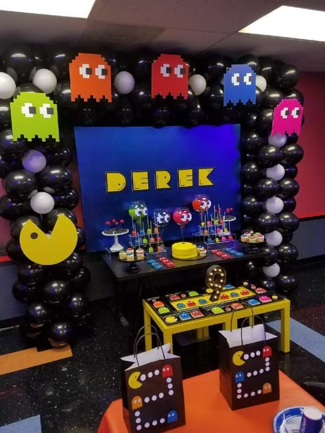 80s Arcade Birthday Party, Packman Birthday Party Ideas, Arcade Birthday Theme, Pacman Theme Party, 80s Video Games Party Ideas, Video Game Decorations Party, Pacman Birthday Party Decorations, Retro Arcade Birthday Party, Arcade Decorations Party Ideas