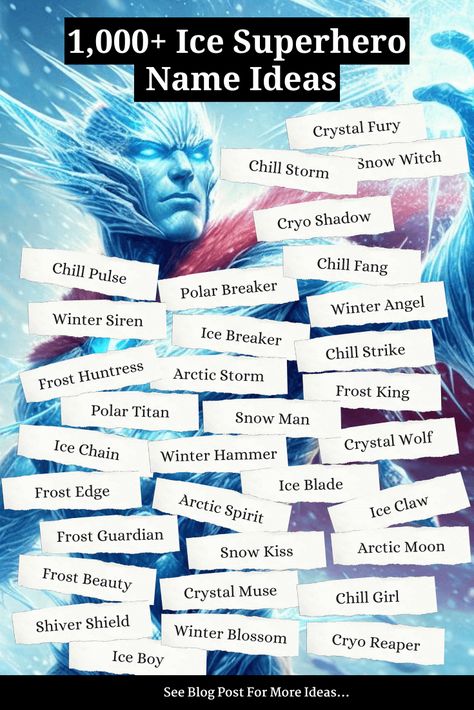 Ice Superhero Name Generator (1,000+ Names) ❄️ | Imagine Forest Super Hero Names Ideas, Superhero Names Ideas, Ice Superhero, Water Superhero, Superhero Writing Prompts, Pirate Name Generator, Dragon Names Generator, Warrior Cats Name Generator, Book Title Generator