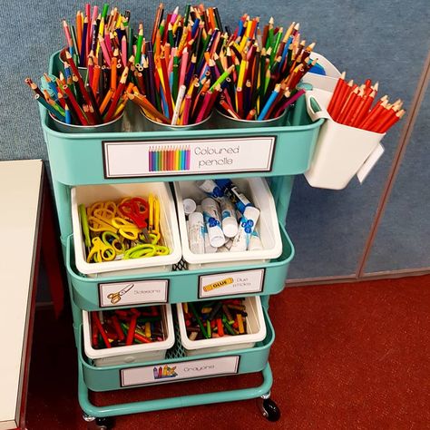 Rolling Cart Organization Classroom, Ikea Classroom Organization, Teacher Trolley, Ikea Trolley, Kindergarten Teacher Classroom, Trolley Ideas, Kindergarten Classroom Design, Ikea Classroom, Best Ikea Hacks