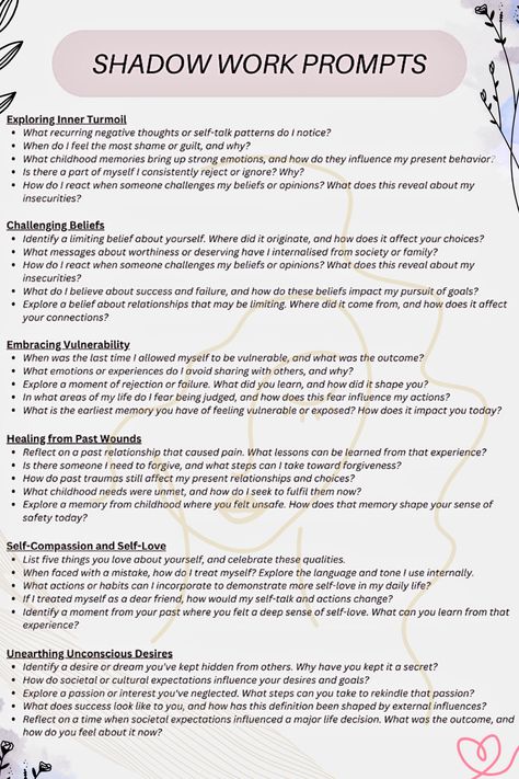 Facing your shadow self can be challenging, especially when it’s tied to past wounds. Using shadow work journal prompts can help you heal your inner child and transform your life. Save this pin for effective prompts that guide you in healing and allowing yourself to grow. Heart Chakra Shadow Work Prompts, New Year Shadow Work Prompts, Journaling Prompts Shadow Work, Shadow Work Journaling Prompts, Shadow Work Journal Prompts Abandonment, Inner Child Shadow Work Journal Prompts, Shadow Work Prompts For Beginners, Shadow Work Journal Prompts Inner Child, How To Do Shadow Work