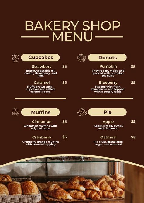 Bakery shop food menu template, editable with canva Cafe Food List, Small Pastry Shop Design, Pastry Shop Menu Ideas, Aesthetic Bakery Menu Design, Online Bakery Menu Ideas, Bakery Template Design, Dessert Menu Design Ideas Templates, Small Bakery Menu Ideas, Pastry Menu Design Ideas