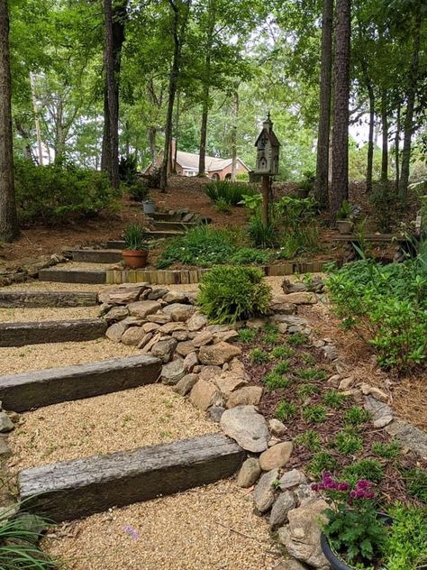 Landscaping Around Barndominium, Wood Steps On Hillside Sloped Yard, Backyard Forest Ideas, Slopped Landscape Ideas Backyard, Sloped Walkway, Landscaping Acreage, Yard Steps, Wooded Backyard Landscape, Acreage Landscaping