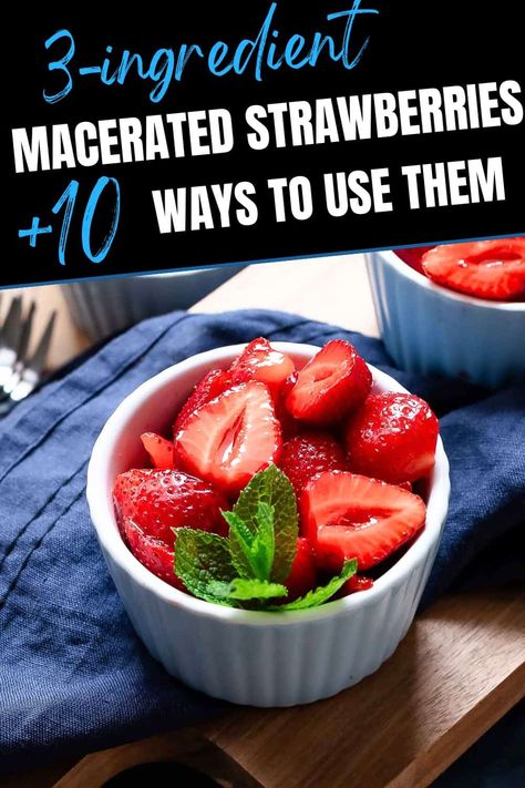 Try this easy Macerated Strawberries recipe and discover 10 delicious ways how you can use fresh strawberries (without cooking!) to make toppings, desserts, and even cocktails! Strawberry Liqueur, Pastry Cream Recipe, Macerated Strawberries, Yogurt Toppings, Cheesecake Toppings, Strawberry Balsamic, Strawberry Tea, Strawberry Dessert Recipes, Strawberry Juice