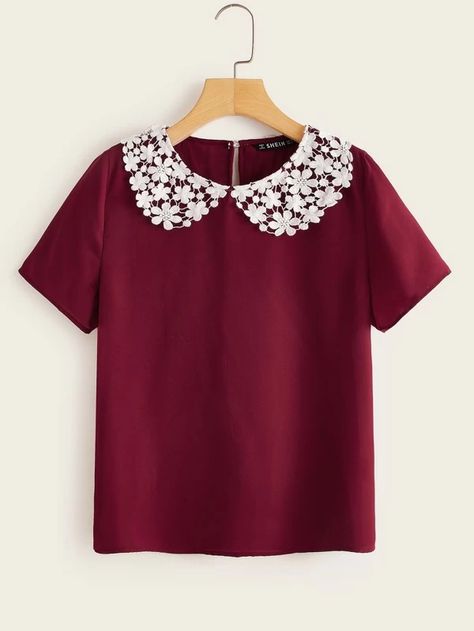 Guipure Lace Peter-pan-collar Top | SHEIN USA Peter Pan Collar Top, Peplum Tops, Fitted Blouses, Guipure Lace, Contrast Collar, Collar Top, Women Shirts Blouse, Mua Sắm, Pan Collar