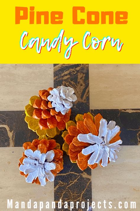 Candy Corn may not be the tastiest of the Fall and Halloween treats, but it sure is fun to craft and decorate with! The orange, yellow , and white painted pine cones make the perfect DIY decor for this time of year. You can set these Pine Cone Candy Corn in a decorative bowl, make them into a wreath, or string them into a fall garland for your front porch. The possibilities are endless. Candy Corn Pinecones, Painted Pine Cones, Corn Painting, Candy Cone, Painted Pinecones, Cone Crafts, Halloween Craft Projects, Candy Cane Wreath, Fall Garland