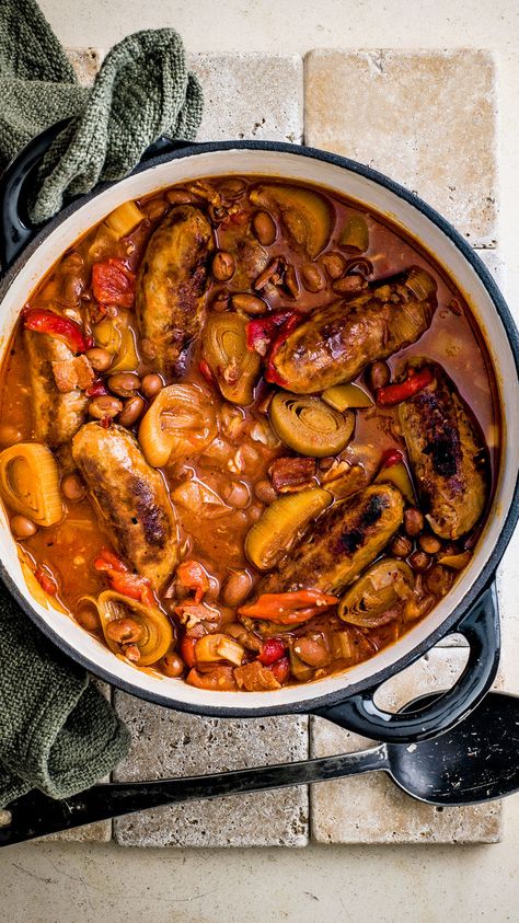 Slow-cooker sausage casserole in a dish with casserole dish Slow Cooker Sausage Recipes, Sausage And Bean Casserole, Borlotti Beans, Slow Cooker Beans, Sausage Stew, Cold Weather Comfort Food, Beans And Sausage, Winter Warmers Recipes, Sausage Casserole