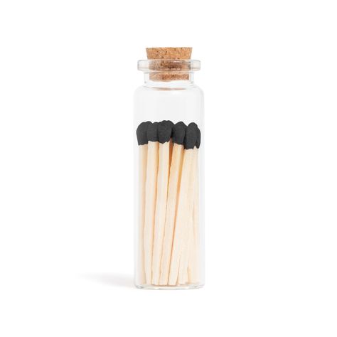 20 matches with natural wood and black tips in small corked vial with adhesive match striker on bottom. Enlighten the Occasion! Single use matches. Extinguish after use. Vials are .8 W x 2.55 H. Match length 1.85 in. Match Glass Bottle, Match Jar Diy, Matches In Glass Jar, Matches In A Bottle, Matchbox Trend, Matches In A Jar, Matchbox Poster, Matchbook Print, Natural Wood And Black