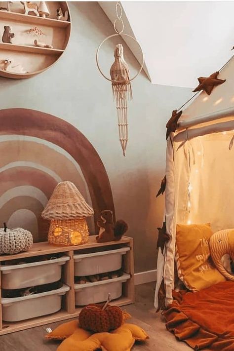 9+ Trending Nursery Ideas You'll Want to Copy - One Sweet Nursery Nursery Ideas Maximalist, Waldorf Bedroom Kids, Whimsical Playroom Ideas, Rust Colored Room, 70s Inspired Nursery, Children’s Room Interior Design, Magical Nursery Ideas, Magical Toddler Room, Organic Modern Nursery Ideas