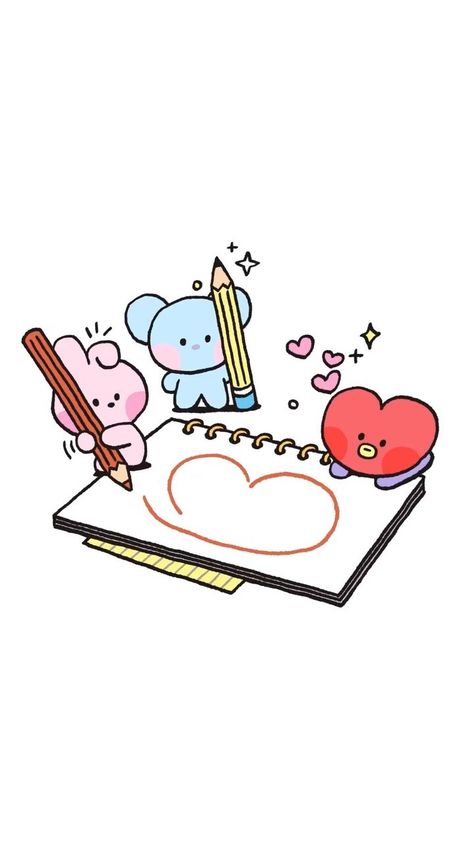 A still from a recent reel posted by BT21 on Instagram. Tata, Cooky, and Koya are surrounding a sketchbook with a poorly drawn heart on it, drawn by Cooky. Koya holds a pencil and Tata is laying on the page, admiring the art. Koya And Cooky, Pusheen Cute, Banana Art, Kpop Drawings, Cute Doodles Drawings, Cute Doodle Art, Bts Drawings, Bts Chibi, Line Illustration