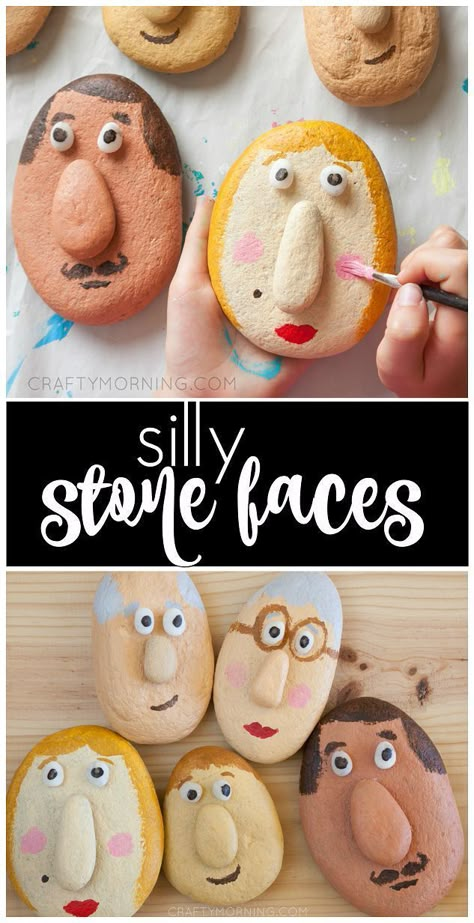 Make silly stone faces! Fun kids craft using rocks, pebbles, and stones! Painting rocks activity for the kids. #stoneactivities #stonefaces #kidcrafts #rockcrafts #stonecrafts #pebblecrafts #craftymorning Stones Painting, Painted Rocks Kids, Rock Painting Ideas Easy, Painting Rocks, Creative Activities For Kids, Stone Crafts, Camping Crafts, Fun Crafts For Kids, Nature Crafts