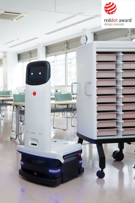 Delivery Robot Service System For Hospitals is a multi-purpose delivery robot service system that uses autonomous travelling robots with interchangeable carts to handle a variety of applications. . . . . . . . . . . . . . . . . . . . . . #RedDotAward #DesignAward #DesignConcept #mobility #transportation #gooddesign #designedby #MitsubishiElectricCorporation Delivery Robot, Automotive Engineering, Japan Design, Co Workers, Design Awards, Ui Design, Concept Design, Transportation, You Think