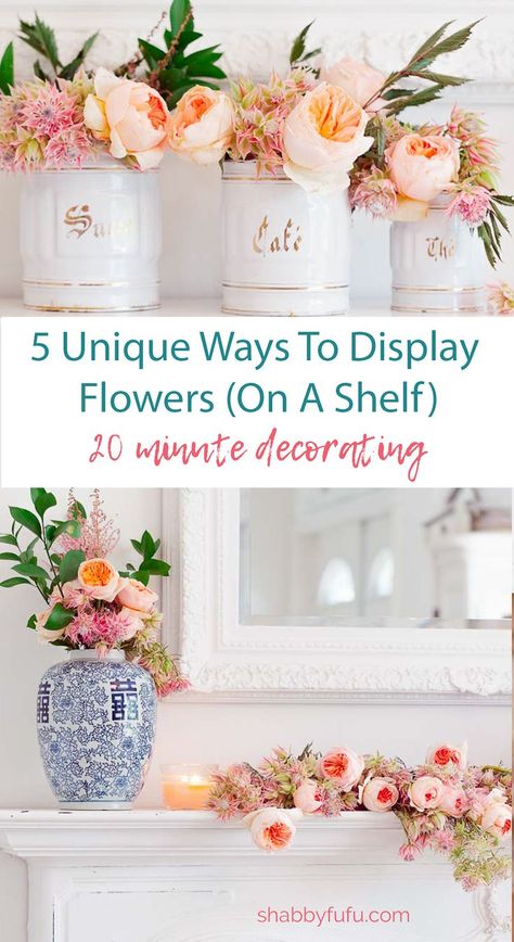 Are you stumped and looking for some unique ways to display flowers on a shelf or mantel? You'll find uncommon ways to help get you out of that rut in this post! #flowers #floraldisplay #flowerarrangingideas #flowercenterpiece #centerpieceideas #tablescape #manteldecor #gingerjars #sff225 Elegant Mantel, Sunflower Season, French Coastal, French Vintage Decor, Mantel Design, French Interiors, Affordable Interior Design, Velvet Yarn, Diy Tray