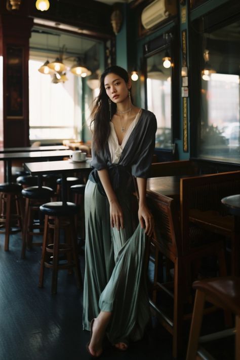 Beautiful Asian woman dressed in modern ethereal outfit in a cafe Flowing Outfits Classy, Ethereal Work Outfit, Everyday Goddess Style, Casual Ethereal Essence, Ethereal Essence Accessories, Relaxed Feminine Style Outfit, Everyday Ethereal Outfits, Ingenue Clothing Style, Earthy Ethereal Outfits