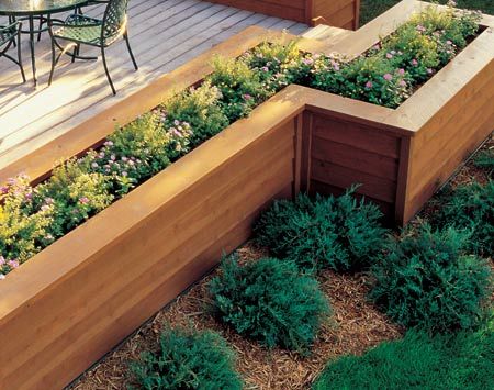 Deck edge planters Decks Designs, Shading Ideas, Landscaping Around Deck, Raised Planters, Patio Lanterns, Deck Restoration, Deck Planters, Modern Deck, Deck Steps