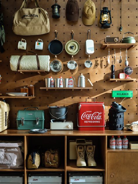 Pegboard Gear Storage, Camping Gear Pegboard, Outdoor Gear Room, Bushcraft Aesthetic, Outdoor Gear Storage, Camp Store, Camping Room, Garage Closet, Gear Wall