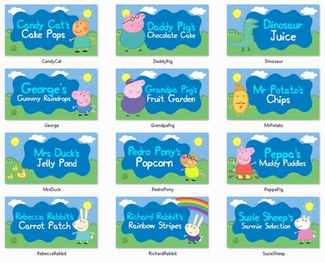 Peppa Pig food labels (for a boy) Peppa Pig Food Labels Free Printable, Peppa Pig Birthday Printables Free, Peppa Pig Birthday Food Ideas, Peppa Pig Party Printables, Peppa Pig Snack Ideas, Peppa Party Food, Peppa Pig Fourth Birthday, Diy Peppa Pig Birthday Party, Peppa Pig Themed Food