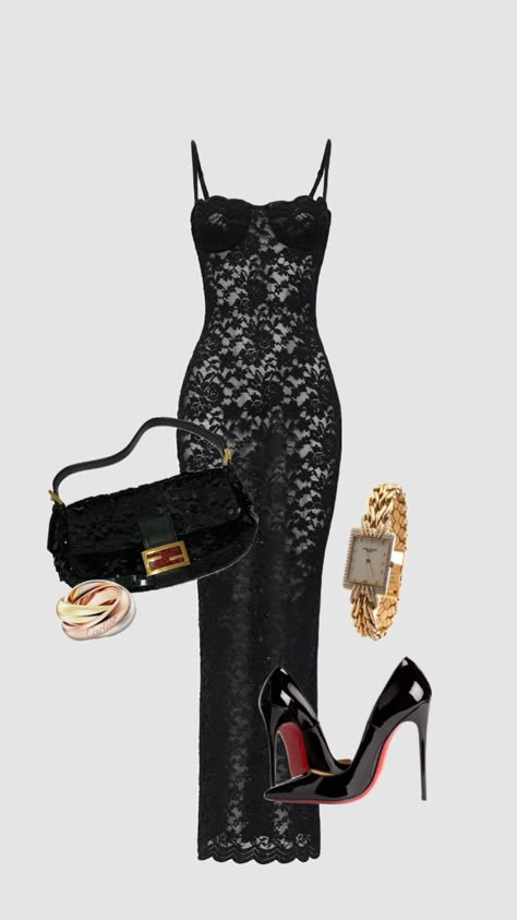 Glamour Outfits Aesthetic, Fancy Dresses Outfits, Restaurant Dress Outfit, Dress And Heels Outfit Classy, Club Outfits Polyvore, Going Out Outfits Dress, Fancy Black Outfit, Femme Fatale Outfit Classy, All Black Outfit For Party Night