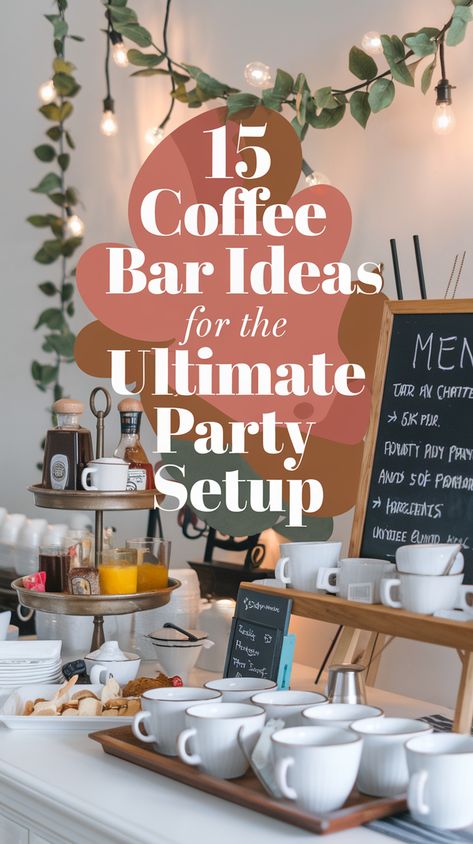 Hosting a party? These 15 coffee bar ideas will elevate your event! From flavored syrups to chic decor, create a coffee station your guests will love. Coffee Buffet Station Wedding, How To Set Up A Coffee Bar For A Party, Bridal Brunch Coffee Bar, Coffee Station Wedding Receptions, Coffee Bar Shower Brunch, Coffee Tea Hot Cocoa Bar, Party Beverage Station Ideas, Outdoor Beverage Station Parties, Coffee Station Party Ideas