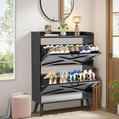 Amazon.com: Omelaza Shoe Storage Cabinet with 2 Flip Drawers, Farmhouse Slim Shoe Cabinet, Freestanding Organizer with Metal Legs for Entryway, Narrow Shoe Rack Cabinet, Black : Home & Kitchen Shoe Storage Design, Small Shoe Rack, Slim Shoe Cabinet, Stackable Shoe Rack, Shoe Rack Entryway, Entryway Shoe, Shoe Rack Organization, Shoe Shelf, Rack Design