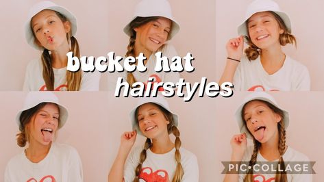 Bucket Hat Organization, Bucket Hat Hairstyles Short Hair, Hairstyles With Bucket Hats, Bucket Hat Hair, Bucket Hat Hairstyles, Bucket Hat Aesthetic, Butterfly Hairstyle, Bucket Hat Outfit, Hat Aesthetic