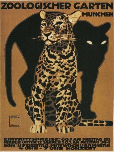 size: 12x9in Art Print: Leopard and Panther, Munich Zoo : Leopard And Panther, Ludwig Hohlwein, Zoo Art, Wal Art, Poster Girl, Room Prints, Dorm Posters, Retro Graphics, Vintage Poster Art