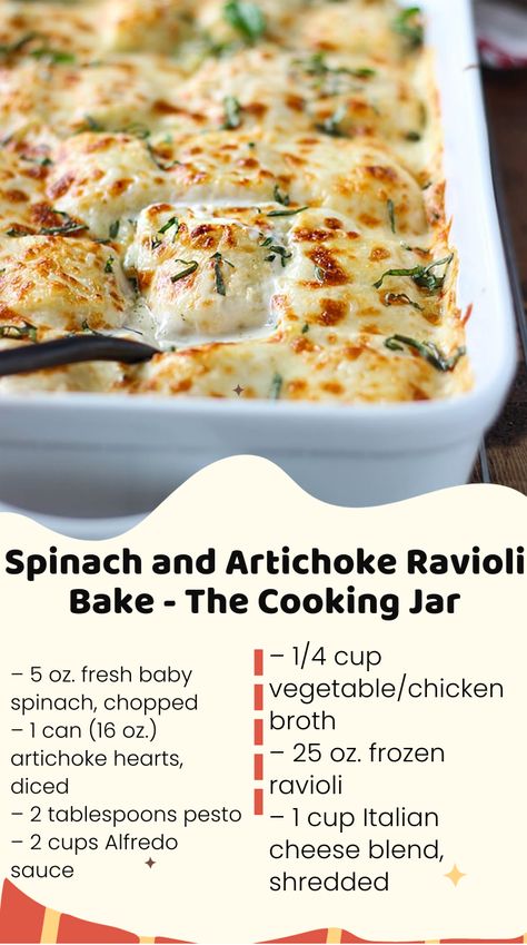 An easy, cheesy rich and creamy spinach and artichoke ravioli bake. Easy to make with regular pantry items from grocery stores! The Ravioli Bake With Spinach, Artichoke Ravioli Bake, Artichoke Ravioli Sauce, Spinach And Mozzarella Ravioli, Spinach Artichoke Ravioli Bake, Spinach Artichoke Ravioli Recipe, Baked Ravioli Frozen, Alfredo Ravioli Bake, Spinach Ravioli Recipe