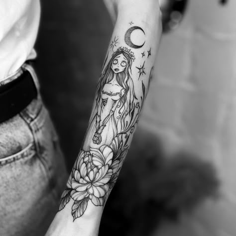 #CoolTattoos #TattooArt #InkMaster #TattooDesigns #InkedUp #TattooLovers #InkInspiration #TattooIdeas #CreativeInk #TattooStyle Tim Burton Tattoo Sleeve Ideas, Corpse Bride Tattoo, Bride Tattoo, Tim Burton Tattoo, Minimalistic Tattoo Ideas, Horror Tattoos, Minimalistic Tattoo, Brides With Tattoos, Bone Tattoos