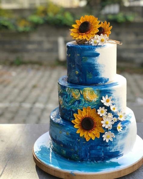 Van Gogh Wedding Cake, Starry Night Wedding Cake, Sunflower Themed Cake, Gogh Cake, Starry Night Wedding Theme, Starry Night Wedding, Van Gogh Inspired, Anniversaire Harry Potter, Van Gogh Art