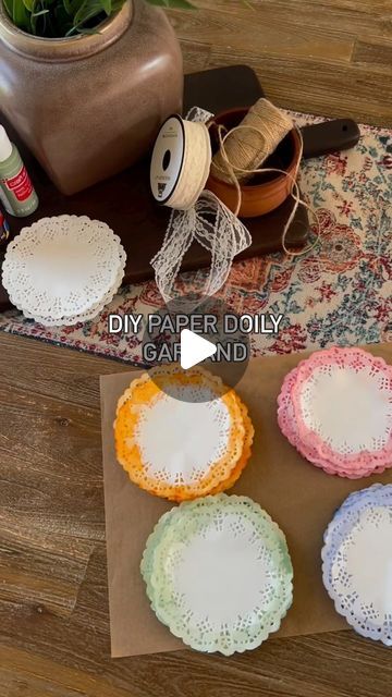 Amanda Hernandez on Instagram: "Easy DIY garland. Perfect for parties and hosting ✨  This paper lace doily garland is so easy to make and I love that you can switch up the paint colors and ribbon to match the aesthetic of your party.  This would also be a fun craft for kiddos too!   Supplies needed:   Paper doilies  Acrylic paint  Twine  Ribbon   Add a little water to your bowls and then your paint - you want more paint than water ratio. You can adjust this part to your liking though.   I hung my twine and then placed my doilies on it.   ***If this will be used outside then I would recommend adding a dot of hot glue under each doily on the twine to secure it.   I loved how this turned out. Such a fun and festive touch to parties 💃🏻   save and share with your craft girlies 🫶🏻   Follow @ Doily Garland, Doily Bunting, Paper Doily Crafts, Paper Lace Doilies, Bunting Diy, Doilies Crafts, Tafel Decor, Lace Doily, Paper Doilies