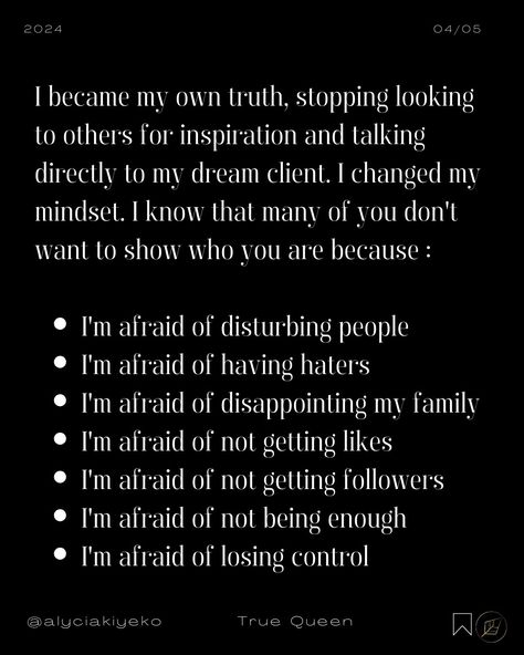 How do you get away from strategy and create a business in your own image thanks to your content? By stopping hiding. I decided to be me, to stop looking at likes and subscribers to create an empire with women who want to tell their own truth and make a living from their business by spreading their image. I was tired of feeling invisible and victimized, so I spoke my truth. I spoke my mind and talked to my dream client as if she were my best friend. She doesn't want me to cajole her, she want... Feeling Invisible, Create A Business, Dream Client, Creating A Business, My Best Friend, My Dream, Talk To Me, My Mind, I Decided