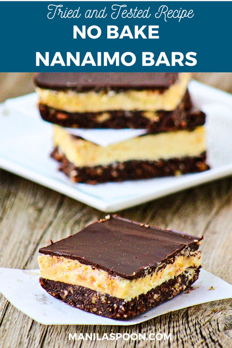 Nanaimo Bars - Manila Spoon Nanimono Bars, Namino Bars Recipe, Gf Nanaimo Bars, Dairy Free Nanaimo Bars, Gluten Free Nanaimo Bars, Easy Nanaimo Bars Recipe, Nanaimo Bars Recipe, Vanilla Custard Filling, Health Dessert Recipes