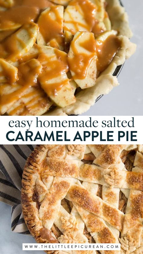 homemade salted caramel apple pie Caramel Apple Pie Filling Recipes, Apple Pie Lattice Top, Easy Caramel Apple Pie, Tart Cherry Recipes, Pie Lattice, Top Dessert Recipes, Apple Pie Lattice, Caramel Apple Pie Recipes, Summer Pie Recipes