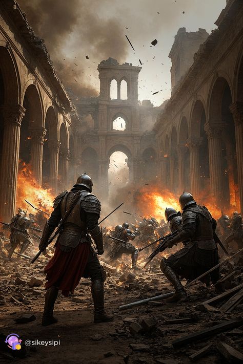 🛡️ Step into the heart of an epic battle where knights fight valiantly in the ruins of a once-great city, crafted by ComfyUI. The dramatic scene features crumbling structures, fiery explosions, and intense combat, making it perfect for inspiring your fantasy projects. 🔹 Brave knights 🔹 Crumbling city 🔹 Intense combat 🔹 Fiery destruction 🔹 Dramatic tension #Design #Fantasy #ComfyUI #Graphics #Inspiration #Knights #EpicScenes Fantasy Battle Scene, Dramatic Scene, Scene Background, Magical Images, Epic Battle, Fantasy Battle, Scene Art, World Of Fantasy, The Ruins