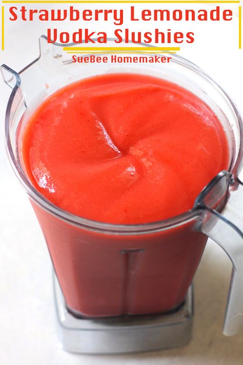 Summertime is better with Strawberry Lemonade Vodka Slushies! Frozen strawberries and freshly squeezed lemons, combined with vodka, a little bit of simple syrup, and ice, make these drinks the hit of the party! Skip the vodka for virgin slushies! | suebeehomemaker.com | #strawberrylemonade #vodkaslush #slushies #summertimedrinks #frozencocktails Alcohol Slushies, Vodka Slushies, Vodka Slush, Vodka Lemonade, Lemon Drink, Yummy Alcoholic Drinks, Drink Tags, Summertime Drinks, Frozen Cocktails