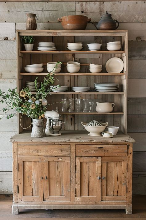 Dresser Into Kitchen Sink, Cottage Hutch Decorating Ideas, Vintage Hutch In Kitchen, Vintage Cabinets Kitchen, Antique Cupboard In Kitchen, Hutch Kitchen Cabinets, Open Shelf Hutch, Repurposed Hutch Ideas, Rustic Hutch Farmhouse Style