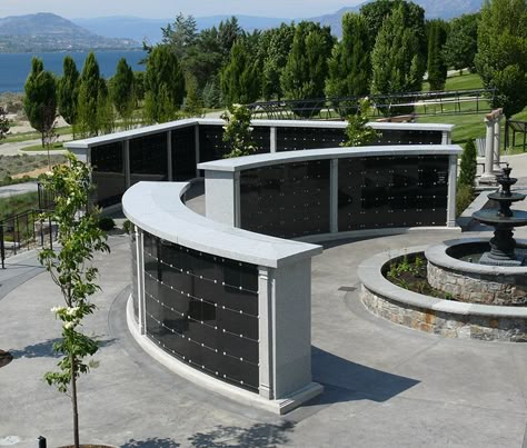 Choosing the shape of the monument is the first thing to consider in the columbarium design process. There is an endless array of shapes and sizes from which to choose like from simple flat markers, to book shapes, heart shapes, to upright monuments to elaborate custom sculptural memorials. An important thing to note when selecting a smaller stone is to keep the artwork clean and simple and for that you have to contact an experienced columbarium manufacturer. Monument Design Ideas, Columbarium Niche Design, Columbarium Design, Cemetery Design, Memorial Architecture, Memorial Design, Granite Memorial, Design Guidelines, Memorial Stones