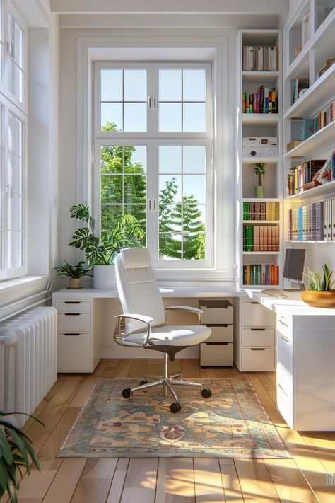 Turning One Room Into Two Rooms, Office With Corner Windows, Cool Home Office Space, Office Ideas With Window, Home Office And Library Combo, Study Room With Window, Home Office Window Desk, Home Office For Small Spaces, Sunroom Office Ideas Small Spaces