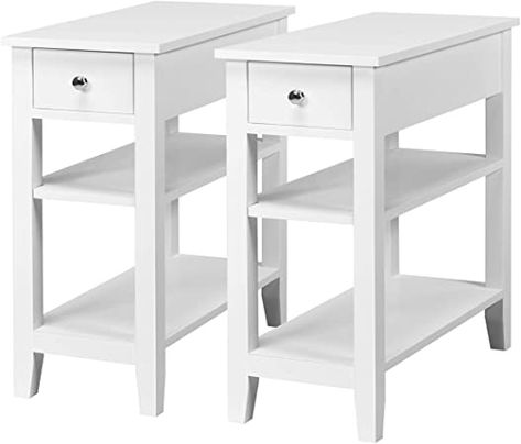 Amazon.com: Giantex Narrow End Table Set of 2, Small Side Table with Drawer and Shelf, Wood Accent Sofa Table, Skinny Nightstand for Small Space Living Room Bedroom, White : Home & Kitchen Open Storage Shelves, Side End Table, Open Storage, Interior Furniture, Side Tables, End Table, Bedside Table, Living Room Bedroom, Room Bedroom