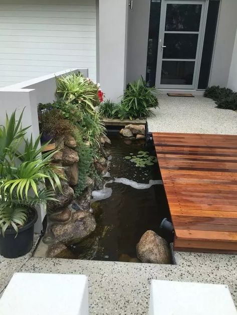 Water Feature Entrance Front Doors, Front Yard Fish Pond Ideas, Koi Pond Front Entry, Front Yard Koi Pond, Water Feature In Front Of House, Water Feature Front Entrance, Front Entry Water Feature, Koi Pond Entrance Home, Front Door Water Feature