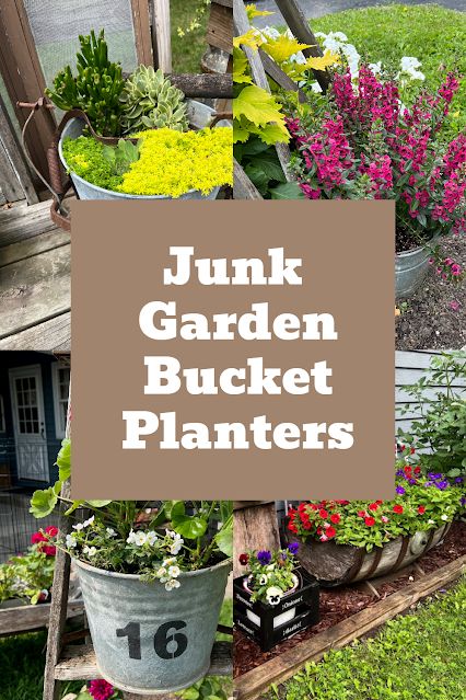 Junk Garden Galvanized Bucket Planter Ideas Wash Bucket Ideas, Metal Bucket Planter Ideas, Galvanized Bucket Planter Ideas, Bucket Planter Ideas, Galvanized Buckets Ideas, Bucket Decor Ideas, Metal Bucket Decor, Galvanized Bucket Planters, Backyard Flower Bed