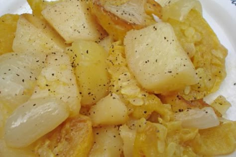 Squash, Potatoes And Onions- Oh My! Recipe - Food.com Squash Potatoes And Onions Baked, Yellow Squash Potatoes Recipes, Fried Squash Potatoes And Onions, Yellow Squash And Potato Recipes, Squash And Potato Recipes, Squash Potatoes And Onions, Squash And Potato Casserole, Squash And Potatoes, Stewed Squash