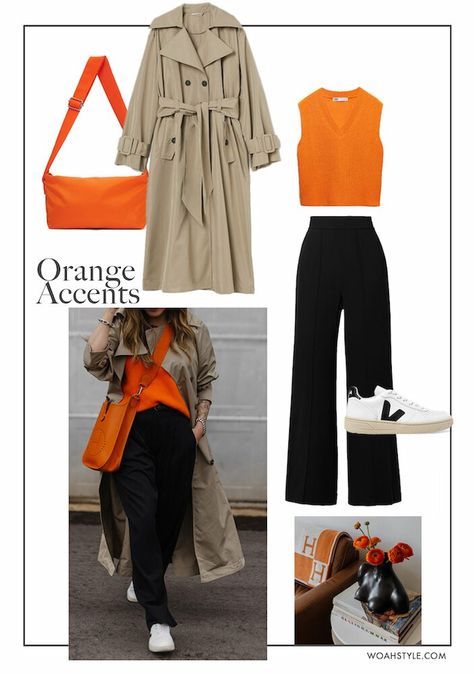 Spring Orange Outfits, Orange And Gray Outfit Ideas, Orange Bag Styling, Bright Orange Outfit Color Combos, What Colour Goes With Orange, Orange Shirt Outfit Ideas, Orange Bags Outfits, Orange Bag Outfit Winter, Orange Trainers Outfit