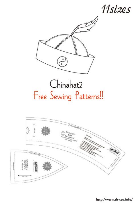 This is the pattern of a Chinahat2.  inch size(letter size) 5-1/2,5-3/4,6,6-1/4,6-1/2,6 3/4,7,7-1/4,7-1/2,7-3/4,8  cm size(A4 size) 44,46,48,50,52,54,56,58,60,62,64 Welding Cap Pattern, Pola Topi, Sewing Hats, Diy Flower Crown, Hat Patterns To Sew, Free Sewing Patterns, Doll Hat, Machine Embroidery Applique, Jeans Diy