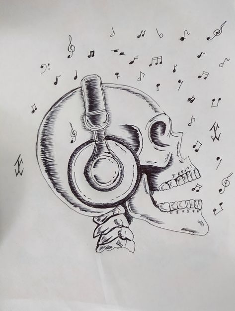 Music Skull #skull #drawing #draw #pen #art #king #head #gothic Skull With Music Notes Tattoo, Unique Skull Drawing, Music Drawings Ideas Creative, Guitar Draw, Shuffle Ideas, Music Art Drawing, Floral Skull Tattoos, Music Skull, Skull Music