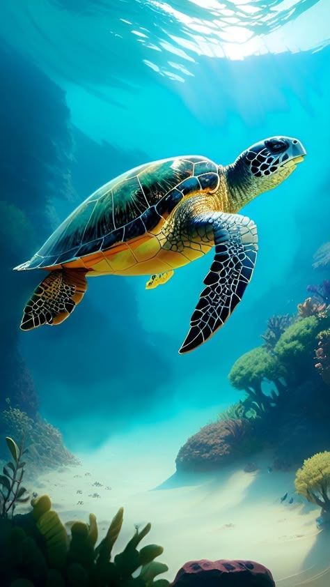 Paintings Of Turtles, Underwater Life Photography, Sea Turtles Photography, Sea Turtle Wallpaper, Sea Turtle Artwork, Turtle Artwork, Turtle Pictures, Sea Turtle Pictures, Turtle Wallpaper