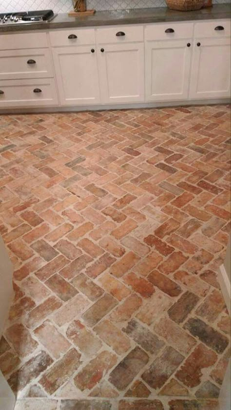 Brick floors/ Farmhouse Kat13083@gmail.com Tile Foyer, Brick Stove, Brick Floor Kitchen, Floor Brick, Farmhouse Kitchen Flooring, Stove Kitchen, Chicago Brick, Brick Floor, Deco Champetre